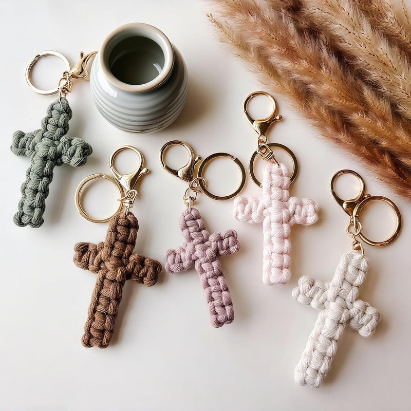 HongEast Macrame Cross Keychain,Jesus Key Chain Christian Car Accessories Handmade Soft Cross Keychain Boho Decor for Women Men Gifts - Image 2